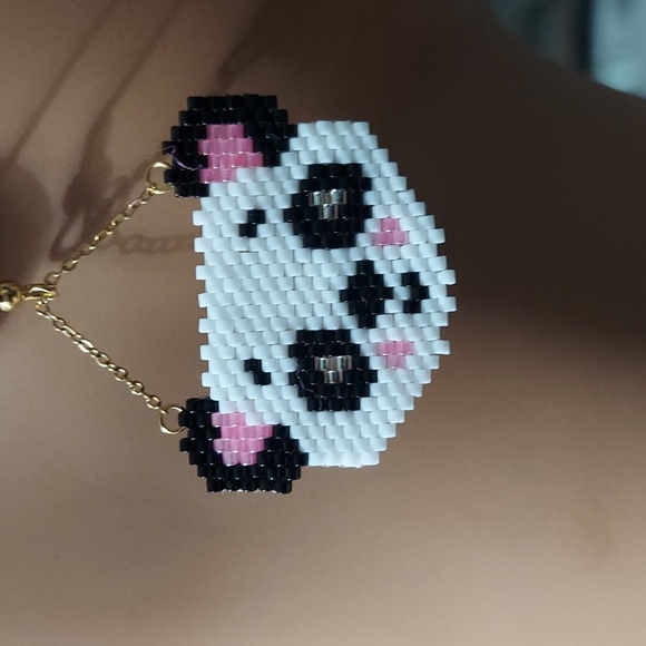 Panda Face Brick Stitch Beaded Handmade Hanging Earrings - Picture 4 of 7